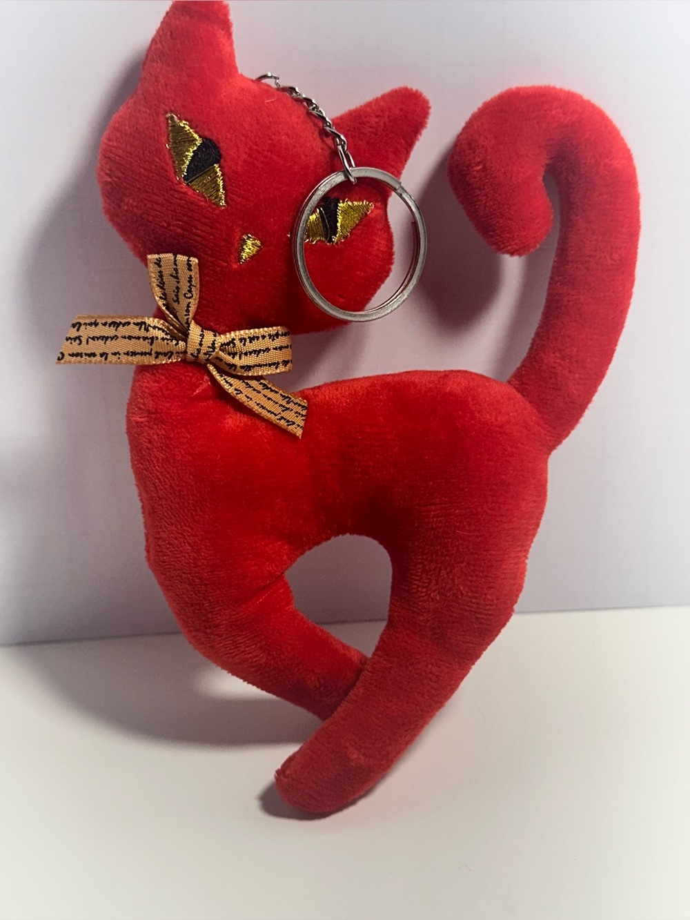 Red Plush Cat Keychain with Ribbon Bow